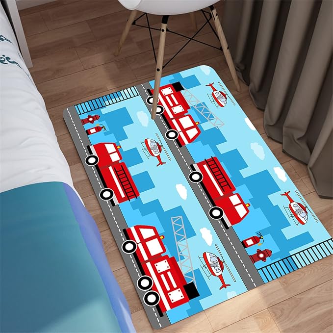 Car Rug Play Mat Car Rug Play Mat Car Rug for Boys Room Fire Fighting Truck Red Car Printed Rug Play Rug for Cars and Trucks Play Rugs for Kids Rooms,Light Blue 2'×3' - LeafyLoom