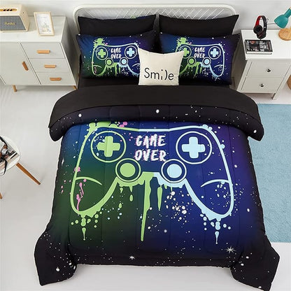 Kids Gaming Bedding Sets Full Size for Boys Teen, 5 Piece Bed in a Bag Gamer Comforter Set with Sheets, 3D Colorful Video Game Controller Comforter, All Season Soft Microfiber Bed Set(Blue,Full) - LeafyLoom