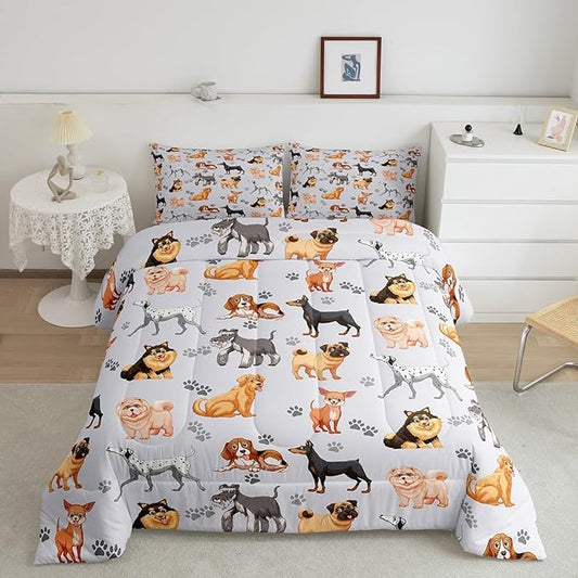 Kids Cute Dog Comforter Set Cartoon Dogs Bedding Set for Boys Girls Pet Dog Puppy Animal Lover Comforter Lovely Dog Paw Comforter for All Season Room Decor King Size Boys - LeafyLoom