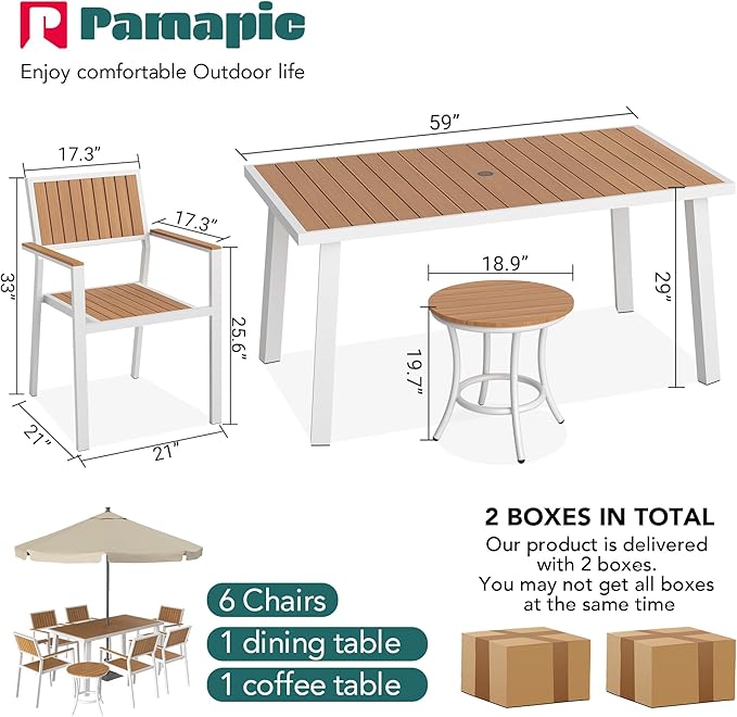 Pamapic 8-Piece Patio Dining Set，Outdoor Aluminum Furniture Set with Plastic-Wood Table Top,Outdoor Furniture Set with 6 Outdoor Stackable Chairs for Patio Garden Poolside (White) - LeafyLoom