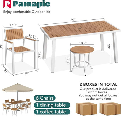 Pamapic 8-Piece Patio Dining Set，Outdoor Aluminum Furniture Set with Plastic-Wood Table Top,Outdoor Furniture Set with 6 Outdoor Stackable Chairs for Patio Garden Poolside (White) - LeafyLoom