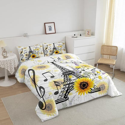 Eiffel Tower Kids Comforter Set Cute Sunflower Bed Sheet Set for Boys Children Teens Bedroom Decor Paris Tower Bedding Set Set Floral Music Themed Bed Cover Full Size with 3 Pillow Case - LeafyLoom