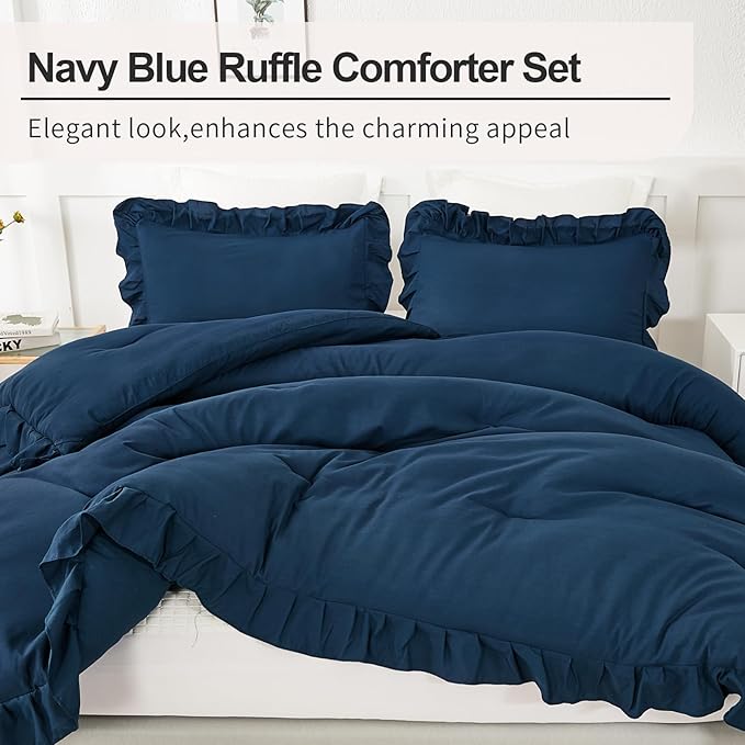 Andency Navy Blue Comforter Twin Size, 2 Pieces Kids Bed Comforter Set, Solid Ruffle Shabby Chic Farmhouse Comforter, Lightweight Soft Down Alternative Microfiber Bedding Set - LeafyLoom