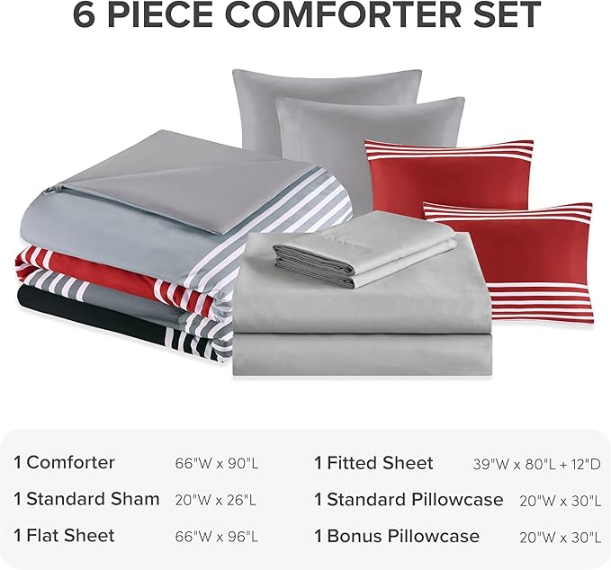 Comfort Spaces Twin XL Comforter Sets with Sheets - Bed in a Bag 6 Pieces Teen Bedding Sets Twin XL, Red and Grey Stripes Bedding Twin XL, College Twin XL Bed Set with 2 Side Pockets Bedroom Organizer - LeafyLoom