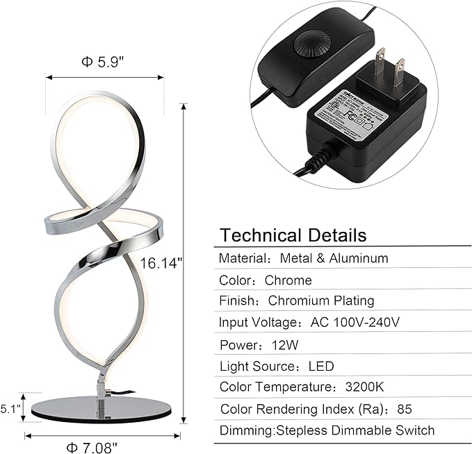 Modern Table Lamp, LED Spiral Lamp, Stepless Dimmable Bedside Lamp, Contemporary Nightstand Lamp, Chrome Desk Lamp for Bedroom Living Room Home Office, 12W - LeafyLoom