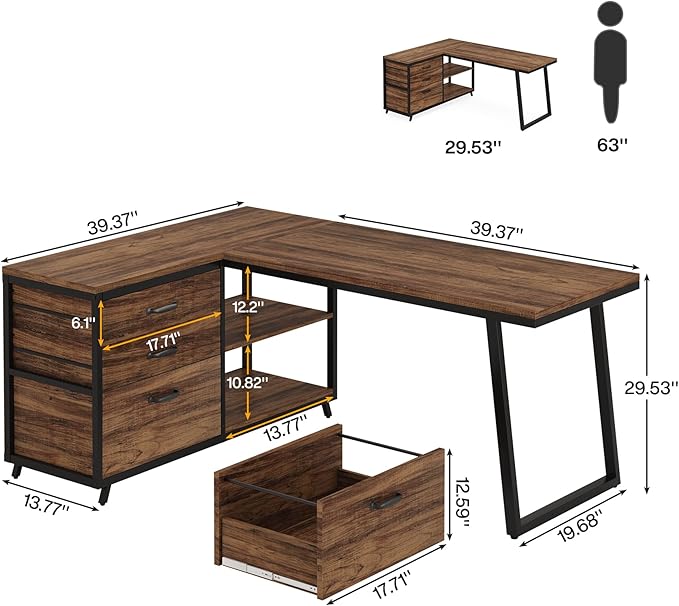 Reversible 53-inch L Shaped Desk with 3 Drawer, Farmhouse Corner Desk Gaming Table with Shelves and File Cabinet for Letter Size & Legal Size File for Home Office and Small Space - LeafyLoom