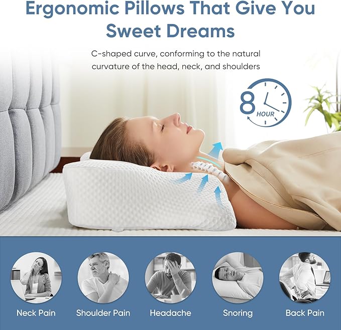 JHK Contour Neck Pillows for Neck Pain Relief, Ergonomic Cervical Neck Pillow, Memory Foam Orthopedic Bed Pillow for Side Back Stomach Sleeper, Cooling Pillow with Breathable Pillowcase, White - LeafyLoom