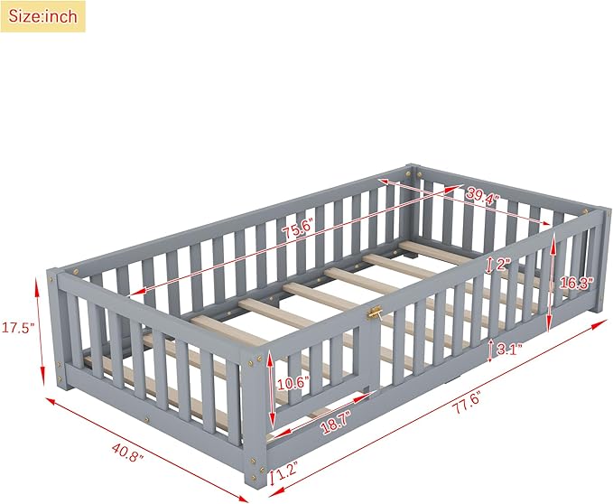 Multifunctional Twin Size Floor Bed with Safety Guardrails and Door, Removable Wood Slats, Montessori Beds Frame for Toddlers, for Boys and Girls, Gray - LeafyLoom