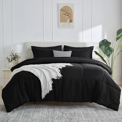 CozyLux Twin XL Size Comforter Sets - 7 Pieces Bed in a Bag Set Black Twin Extra Long, Complete Bedding Sets Bed Set for All Season with Comforter, Flat Sheets, Fitted Sheet, Pillowcases & Shams - LeafyLoom