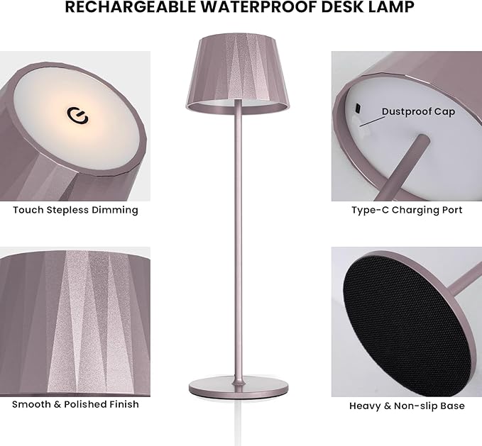 Modern LED Cordless Table Lamp,5200mAh Rechargeable Desk Lamp with Stepless Dimming, Touch Waterproof Night Light for Bedroom Outdoor Bar RV Kitchen (Purplish-Brown, 3000K, Warm White) - LeafyLoom