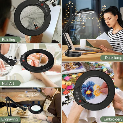 5X Magnifying Glass with Light and Stand, Upgrade Button 5 Color Modes Stepless Dimmable, 2-in-1 LED Lighted Magnifier Light, Hands Free Desk Lamp with Clamp for Craft Hobby Reading Close Work - LeafyLoom