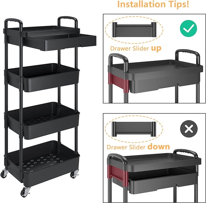 4-Tier Rolling Cart，Trolley with Drawer, Kitchen Storage Organizer with Plastic Shelf & Metal Wheels, Storage Cart for Living Room, Kitchen, Office, Bathroom, Black - LeafyLoom