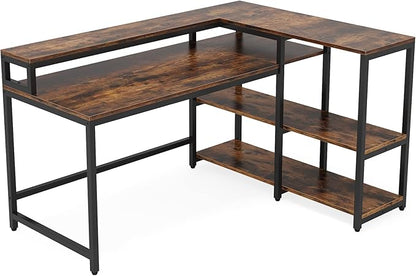 Reversible L Shaped Computer Desk with Storage Shelf, Industrial Corner Desk with Monitor Stand for Home Office - LeafyLoom