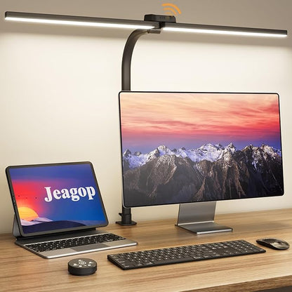 LED Desk Lamp for Home Office, 24W Double Head Architect Desk Lamp with Clamp, Remote Control, Adjustable Gooseneck, Stepless Dimming and Tempering Desk Light for Reading Study Drafting - LeafyLoom