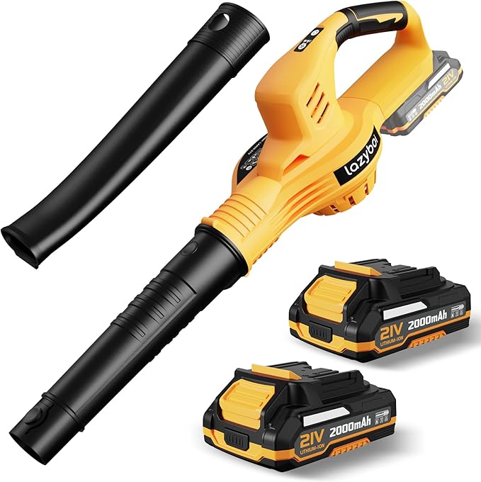 Leaf Blower Cordless - 21V Electric Cordless Leaf Blower with 2 Batteries and Charger, 2 Speed Mode, 2.0Ah Lightweight Battery Powered Leaf Blowers for Lawn Care, Patio, Blowing Leaves Lemon Yellow - LeafyLoom