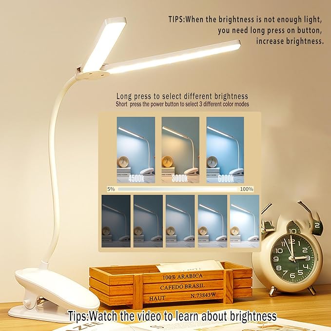 Dual Head LED Desk Lamp with Clamp, Eye-Caring Clip on Lights for Home Office, 3500mAh Rechargeable Battery Operated Table Lamps,3 Lighting Modes & Brightness Dimmer Light for Kids Students - LeafyLoom