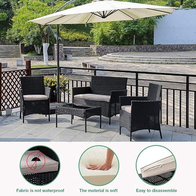 Outdoor Patio Furniture Sets 4 Pieces Patio Set Rattan Chair Wicker Sofa Conversation Set Patio Chair for Backyard Lawn Porch Poolside Balcony Garden Furniture Sets with Coffee Table (Black) - LeafyLoom