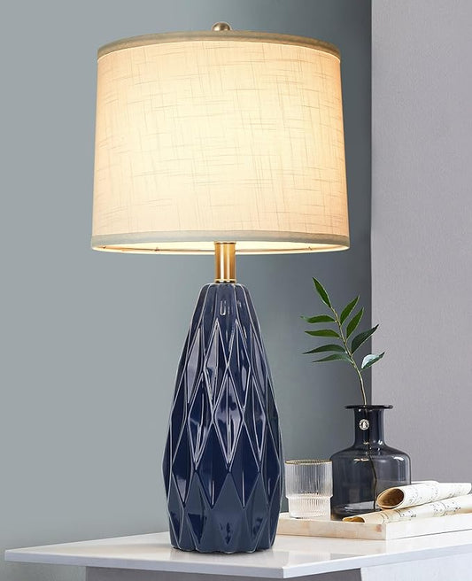 Modern Table Lamps, 25" Ceramic Bedside Lamps Blue Decor Lamp for Living Room End Table Lamp Tall Nightstand Lamps for Bedrooms |3-Way Dimmable Farmhouse Desk Lamps for Home Office Reading, Navy Blue - LeafyLoom