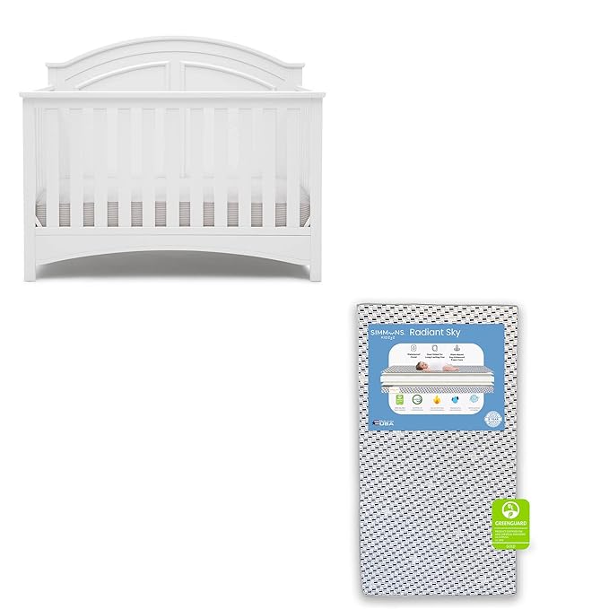 Delta Children Perry 6-in-1 Convertible Crib - Greenguard Gold Certified, Bianca White + Simmons Kids Radiant Sky Dual Sided Baby Crib Mattress and Toddler Mattress (Bundle) - LeafyLoom