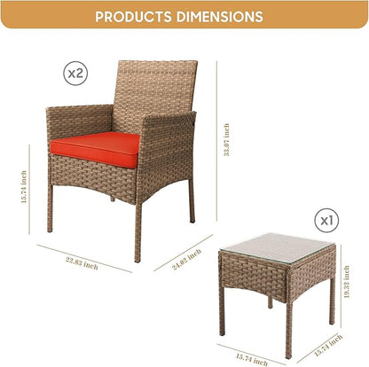 YIYAN 3 Pieces Patio Bistro Set Outdoor Wicker Furniture Outdoor Porch PE Rattan Wicker Chairs Furniture Sets with Sofa Chairs,Glass Coffee Table and Red Washable Cushion - LeafyLoom