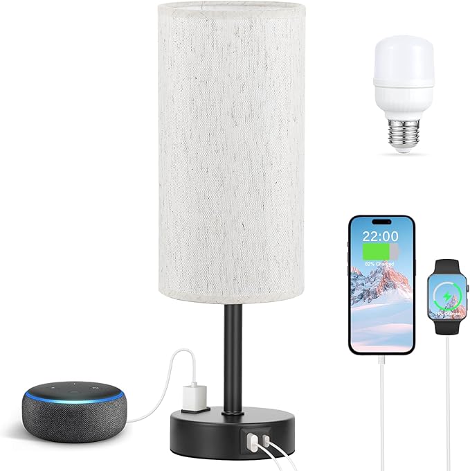 Light Beige Table Lamp for Nightstand - 3 Way Dimmable Bedside Lamp for Bedroom with USB C A Charging Ports and AC Outlet, Small Desk Lamp with Black Base for Living Room, Office, LED Bulb Included - LeafyLoom