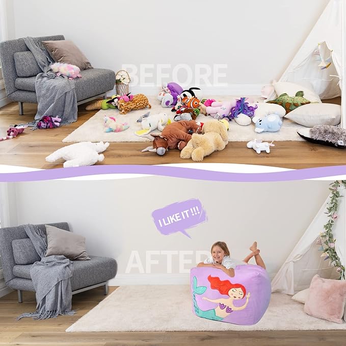 Aubliss Unicorn Stuffed Animal Storage Bean Bag Chair for Kids, Velvet Extra Soft Beanbag Chairs Cover, X-Large Stuffable Zipper Bean Bag for Organizing Plush Toys Girls Bedroom Decor, Purpl - LeafyLoom