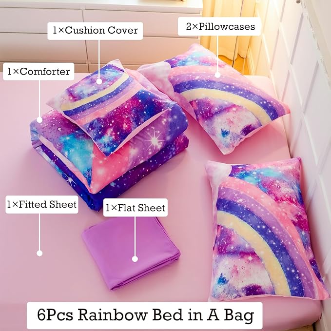 6Pcs Teen Pink Bedding Set Full for Girls, 3D Tie Dye Comforter Pink Colorful Rainbow Kids Comforter Set, Ultra Soft Pastle Nebula Printed Bed in A Bag with Sheets - LeafyLoom