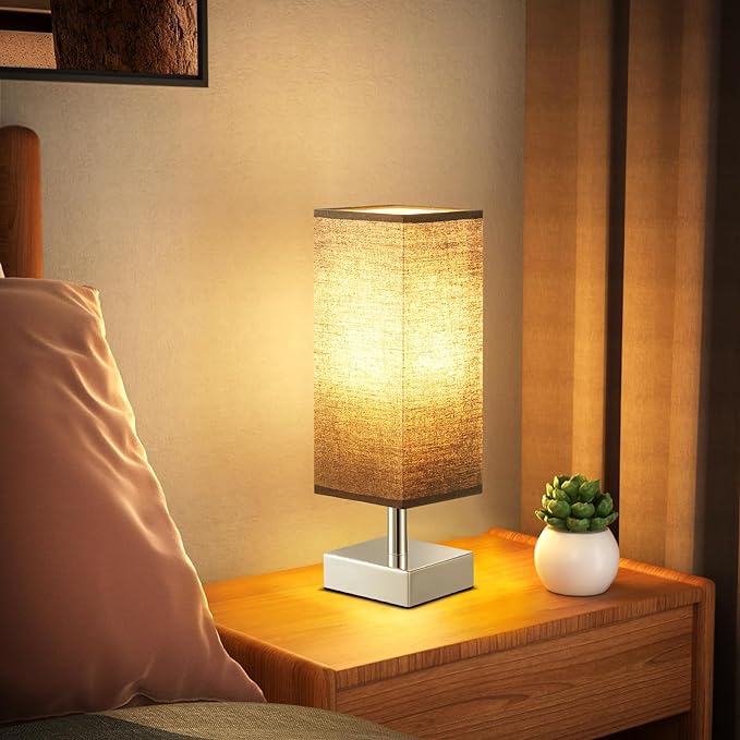 Black Small Table Lamp for Nightstand - Bedside Lamps for Nightstand, Minimalist Bedroom Lamp with Sliver Base, Desk Reading Lamp for Kids Room Living Room Office - LeafyLoom