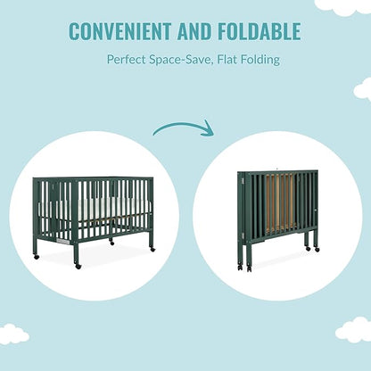 Quinn Full-Size Folding Crib in Olive, Removeable Wheels, Modern Nursey, Adjustable Mattress Support, Portable Crib, Patented Folding System - LeafyLoom