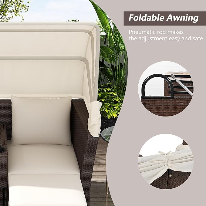 2-Seater Outdoor Patio Convertible Sunbed, All Weather Rattan Double Daybed Couch Foldable Awning, Cushions and Storage Boxes, Loveseat Sofa Set for Garden, Poolside, Balcony, Ab-Beige - LeafyLoom