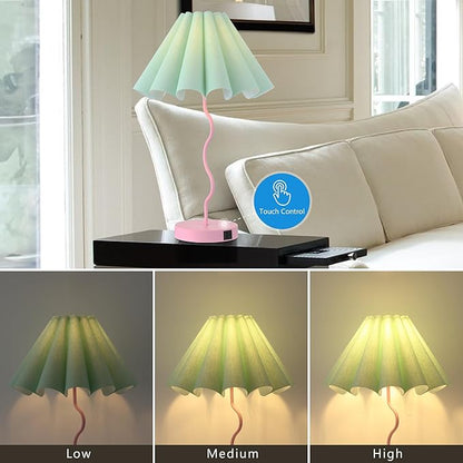 Table Lamp for Bedroom Nightstand Modern Touch Green Pink Lamp Dimmable Lamp for Living Room End Table with USB Port and Outlet - LeafyLoom