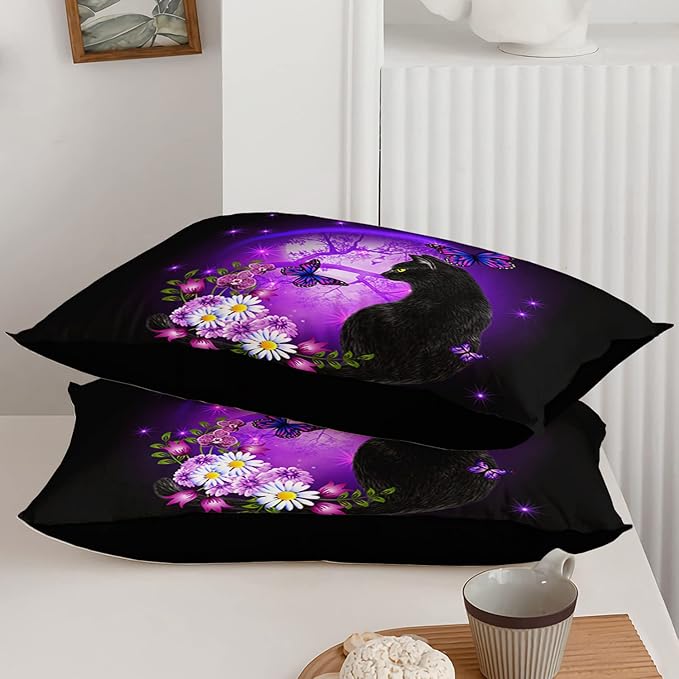 Black Cat Bedding Cartoon Cat Comforter Set Queen,Daisy Butterflies Printed Kids Bedding Set for Kids Boys Girls Adults Room Decor,Kids Comforter Set All Season,1 Quilt 2 Pillow Cases,Purple - LeafyLoom