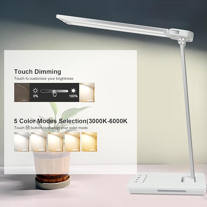 Desk Lamp Dimmable Table Lamp Foldable Reading Lamp Double Swing Arm Desk Light with USB Charging Port,5 Light Modes, Touch Control, Auto-Off Timer, Eye-Caring Led Desk Lamp (Silver) - LeafyLoom