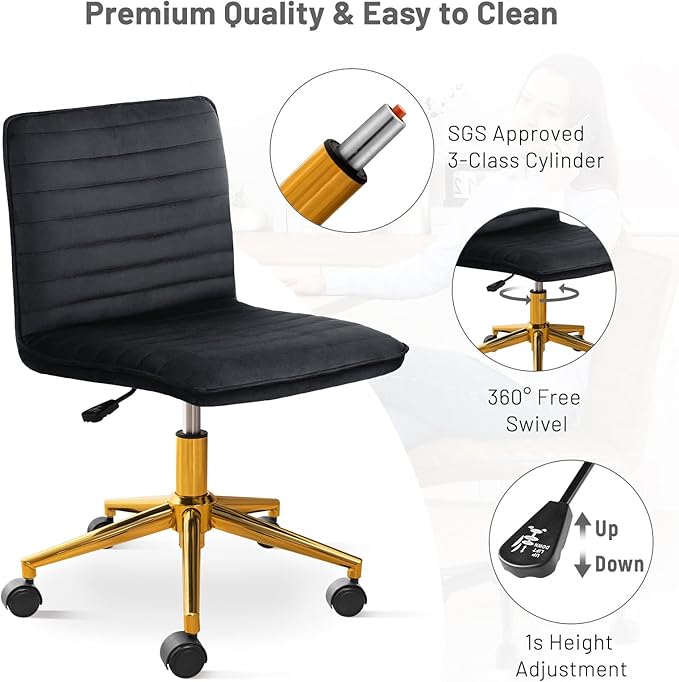 Furniliving Home Office Chair, Armless Vanity Chair with Wheels Swivel Velvet Computer Rolling Desk Chair with Back, Adjustable Accent Chair with Gold Metal Base Stool Chair,Black - LeafyLoom