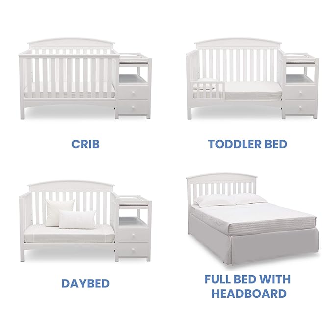 Delta Children Abby Convertible Crib 'N' Changer, Bianca + Serta Perfect Slumber Dual Sided Recycled Fiber Core Crib and Toddler Mattress (Bundle) - LeafyLoom