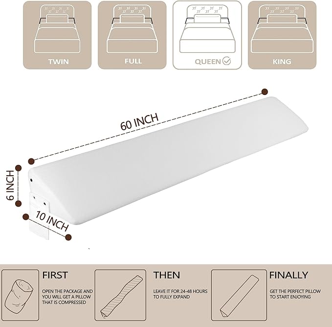 Bed Wedge Pillow,Headboard Pillow,Mattress Wedge,Close The Gap (0-8") Between Your Mattress and Headboard,Bed Gap Filler (White, Queen) - LeafyLoom