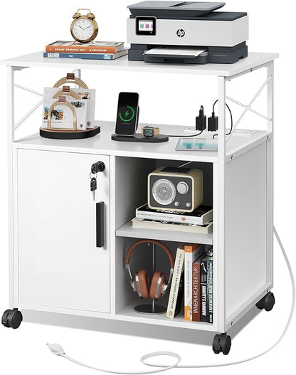 DEVAISE File Cabinet with Charging Station, Lockable Lateral Filing Cabinets for Home Office, Printer Cabinet Accommodates A4/Letter size file folders, White - LeafyLoom