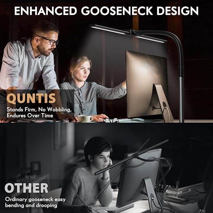 Quntis Desk Lamp for Home Office, 30.7'' Double Head Architect Desk Light with Clamp, 24W Bright 25 Lighting Modes Eye Care No Glare, Adjustable Gooseneck Task Lamp Workbench Reading Study, Gray - LeafyLoom