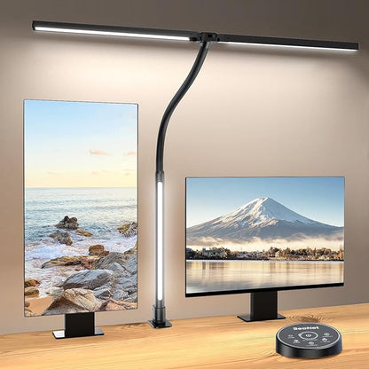 LED Desk Lamp with Clamp,Architect Desk Lamp for Home Office,24W Ultra Bright with RGB Atmosphere Lighting,Remote Control,5 Color Modes & 5 Dimmable Eye Protection for Monitor Studio Reading - LeafyLoom