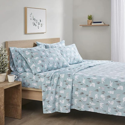 Comfort Spaces Cotton Flannel Breathable Warm, Deep Pocket Sheets with Pillow Case Bedding, Queen, Blue Polar Bears 4 Piece - LeafyLoom