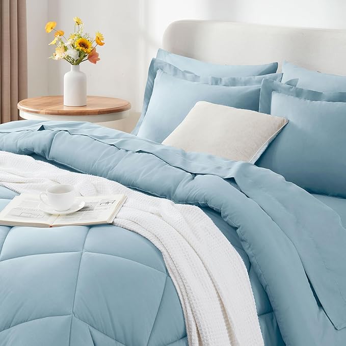 CozyLux Queen Bed in a Bag 7-Pieces Comforter Sets with Comforter and Sheets Light Blue All Season Bedding Sets with Comforter, Pillow Shams, Flat Sheet, Fitted Sheet and Pillowcases - LeafyLoom