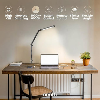 Neatfi LED Desk Lamp with Clamp, Touch & Remote Controlled, Stepless Dimming, 3 Color Modes, 3000-6000K, Detachable Shade, Flicker-Free, 360° Rotation, Wide Angle Lighting (Modern, Silver) - LeafyLoom