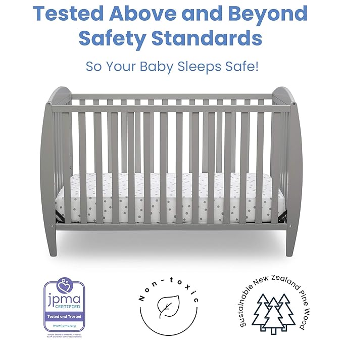 Delta Children Twinkle 4-in-1 Convertible Baby Crib, Sustainable New Zealand Wood, Grey and Delta Children Twinkle Galaxy Dual Sided Recycled Fiber Core Crib and Toddler Mattress (Bundle) - LeafyLoom