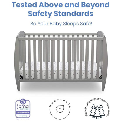 Delta Children Twinkle 4-in-1 Convertible Baby Crib, Sustainable New Zealand Wood, Grey and Delta Children Twinkle Galaxy Dual Sided Recycled Fiber Core Crib and Toddler Mattress (Bundle) - LeafyLoom