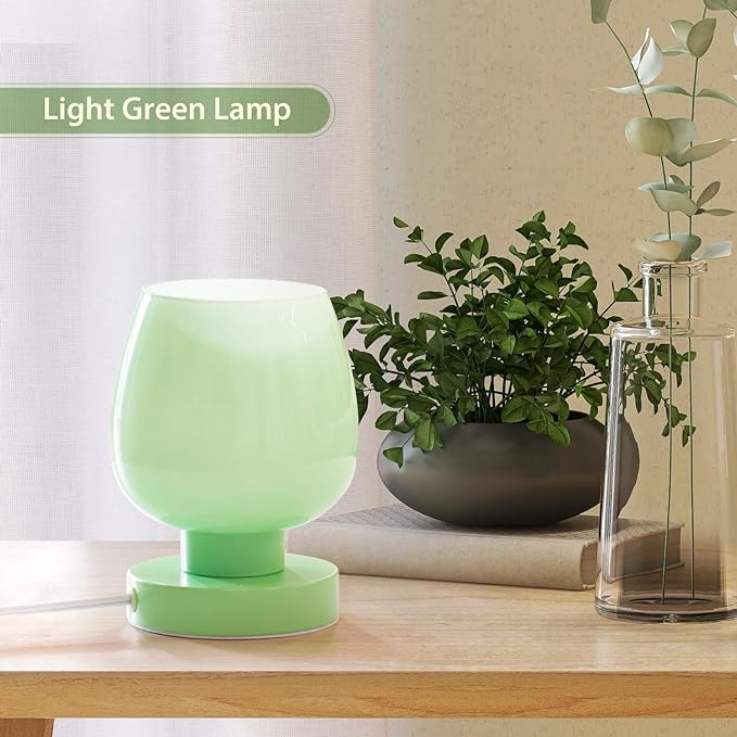 Touch Bedside Table Lamp Set of 2 - Small Modern Table Lamp for Bedroom Living Room Nightstand, 3-Way Dimable Desk lamp with Light Pink Glass Lamp Shade, 2700K LED Bulb, Simple Design Green - LeafyLoom