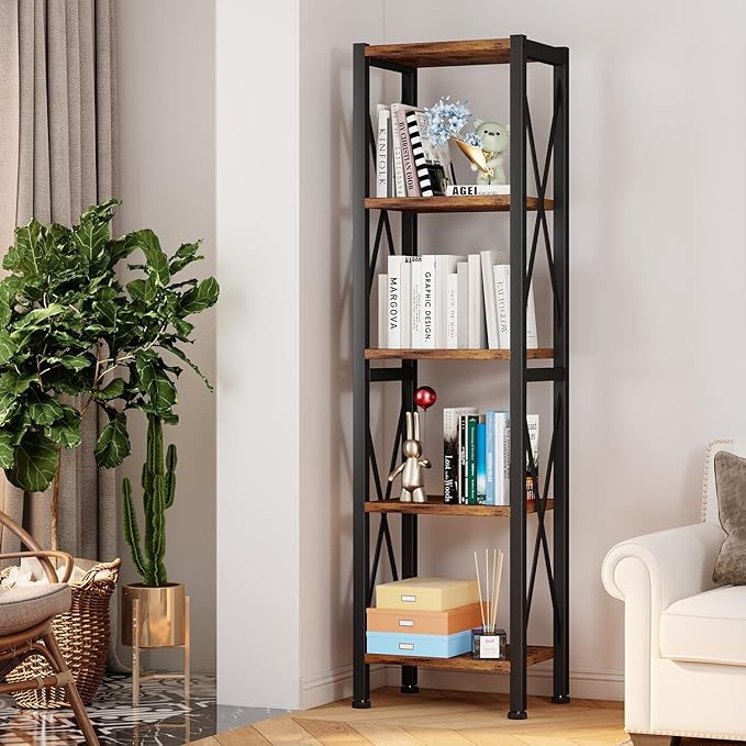 5-Tier Narrow Bookshelf, Ladder Bookshelf, Tall Bookshelf for Bedroom with Open Shelves, Office Bookshelf, Industrial Standing Bookshelf for Bedroom, Living Room and Home Office - LeafyLoom