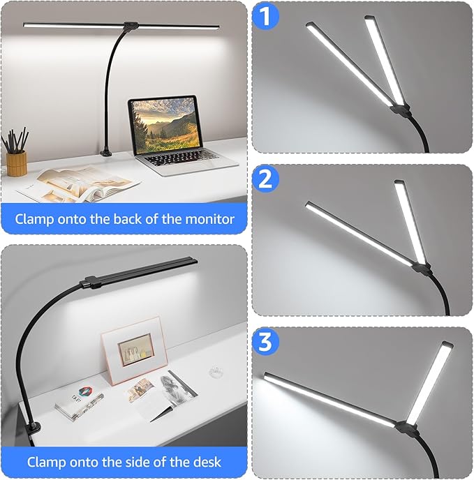 ShineTech LED Desk Lamp for Home Office, 5000K Bright Double Head Architect Task Lamps with Clamp, Dimmable Adjustable Flexible Gooseneck, Black - LeafyLoom