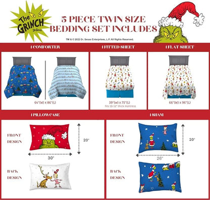 Franco Grinch by Dr. Seuss Holiday & Christmas Bedding Soft Comforter and Sheet Set with Sham, 5 Piece Twin Size, (Official Dr. Seuss Product) - LeafyLoom