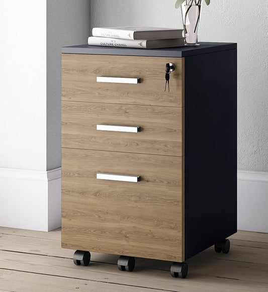 Lazio File Cabinet with Lock - Filing Cabinet for Home and Office - 3 Drawer Small Rolling File Cabinet -Wood Printer Stand with Storage for A4 Size/Legal Documents, File Folders (Cass Walnut/Black) - LeafyLoom