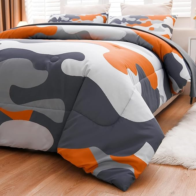 Meeting Story Camouflage Bedding Set, Colorful Pattern Style Comforter Set, 5 PCS One Comforter Two Pillowcases Two Sheets in One Bag, All Season Bedspread for Teens Adults (Orange, Queen 5Pcs) - LeafyLoom